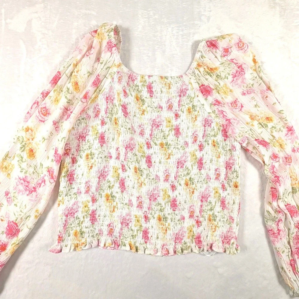 C & V Girls Floral Smocked Peasant Tops Lot of 3 Pink Blue Cream Boho Size XL - Picture 6 of 16
